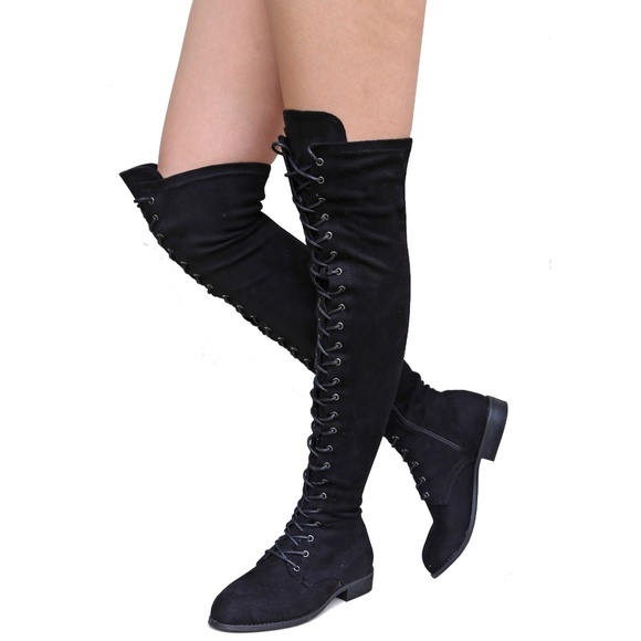 New Black Over the Knee Lace Up Combat Boots - Picture 1 of 3